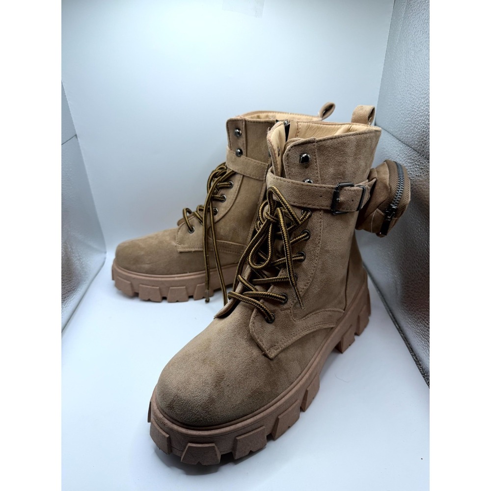 Lady Godiva Womens 11‎ Beige Suede Ankle Side Zip Pocket Round Toe Lace Up Boots